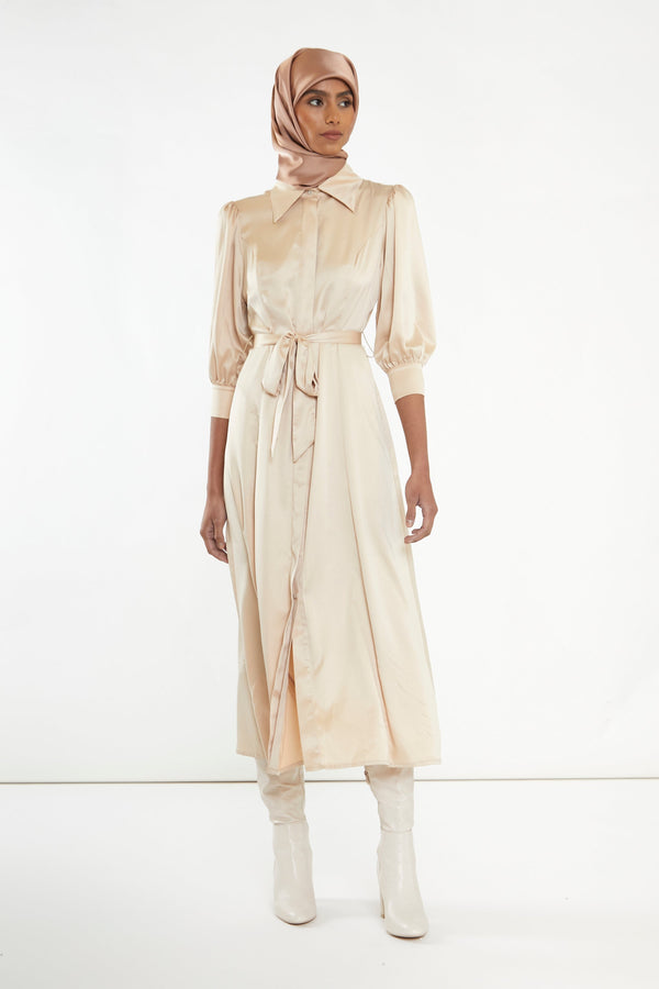 glamorous Sand Satin Midaxi Shirt Dress