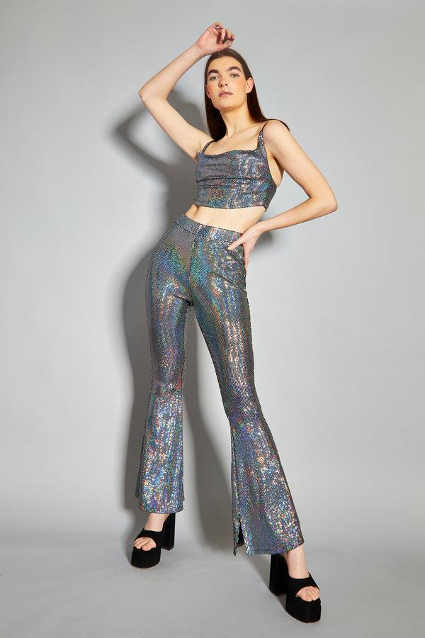 Glamorous Glamorous Silver Holographic Cowl Neck Crop Top