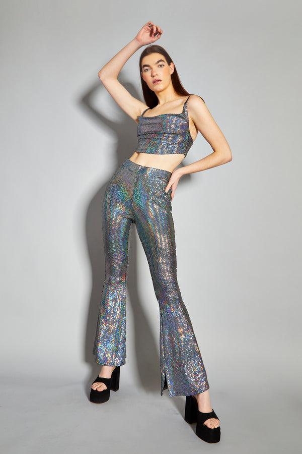 Glamorous Glamorous Silver Holographic High Waisted Flared Trousers
