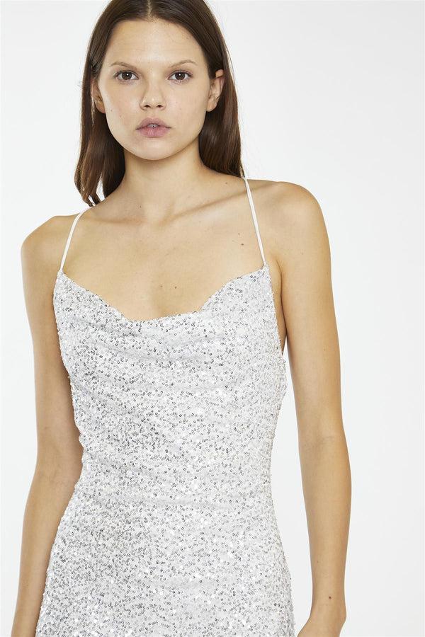 glamorous Silver Micro-Sequin Cowl-neck Mini-Dress