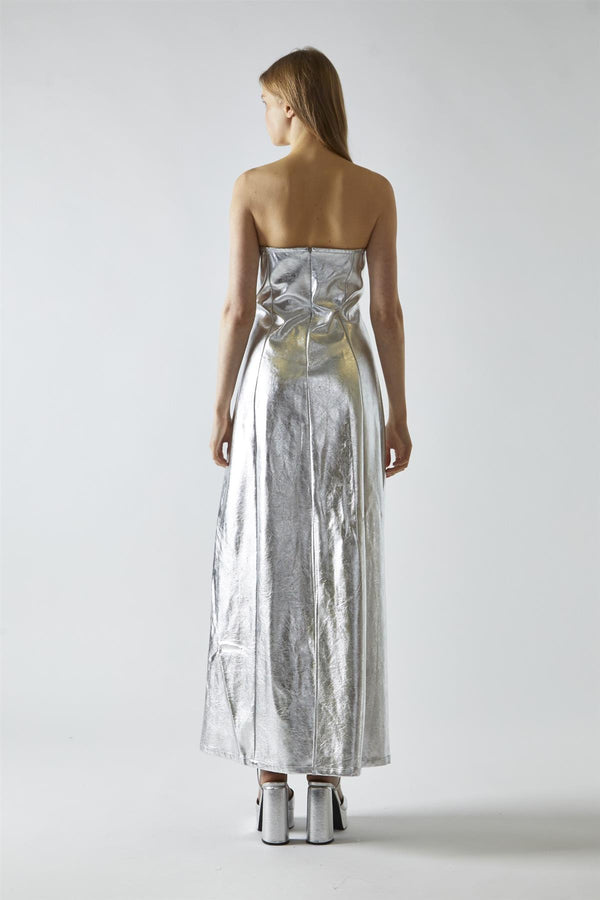 Glamorous Silver-PU Bandeau Maxi-Dress