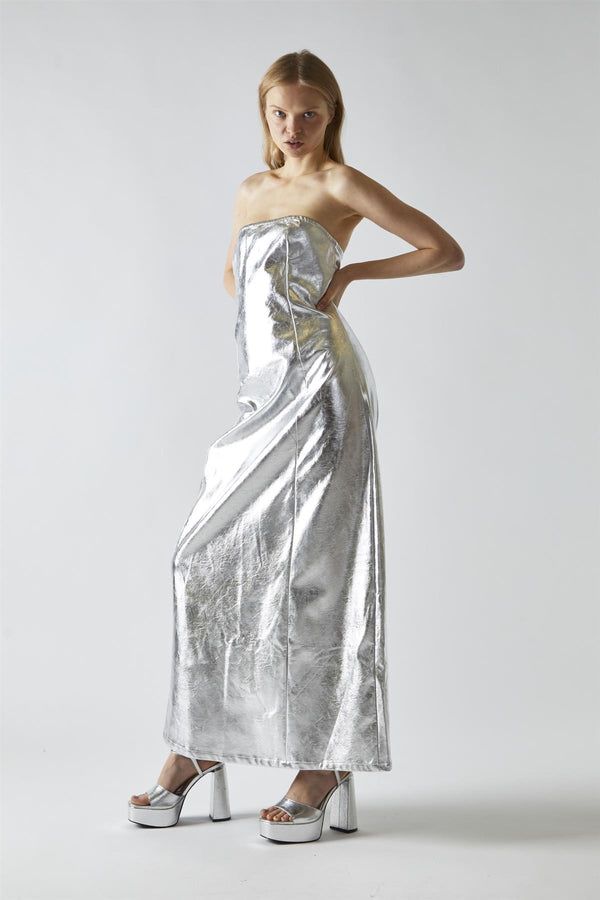 Glamorous Silver-PU Bandeau Maxi-Dress