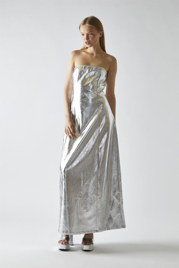 glamorous Silver-PU Bandeau Maxi-Dress
