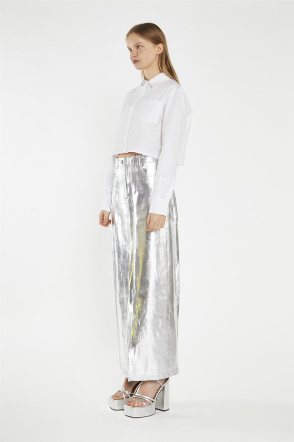 Glamorous Silver PU Centre-Split Midi-Skirt