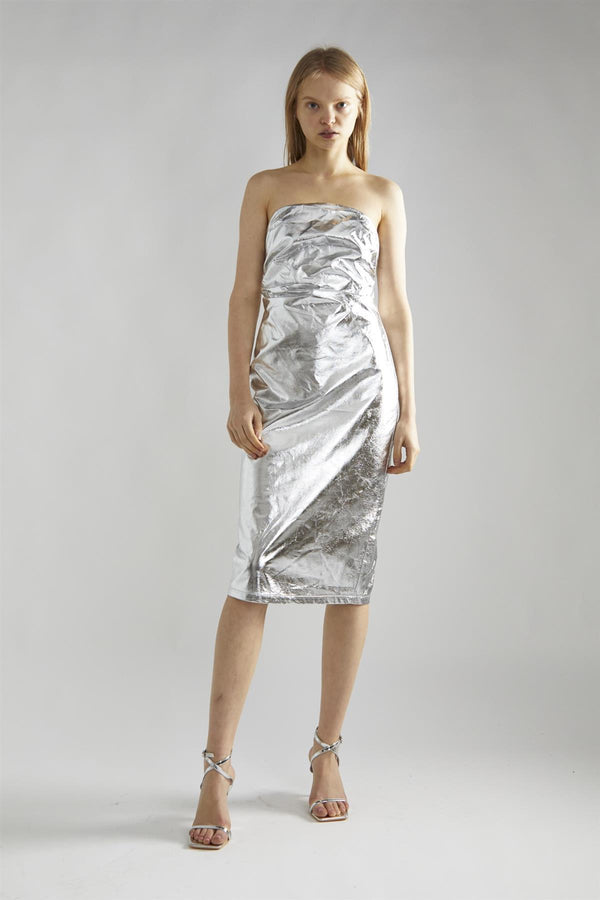 glamorous Silver-PU Strapless Midaxi-Dress