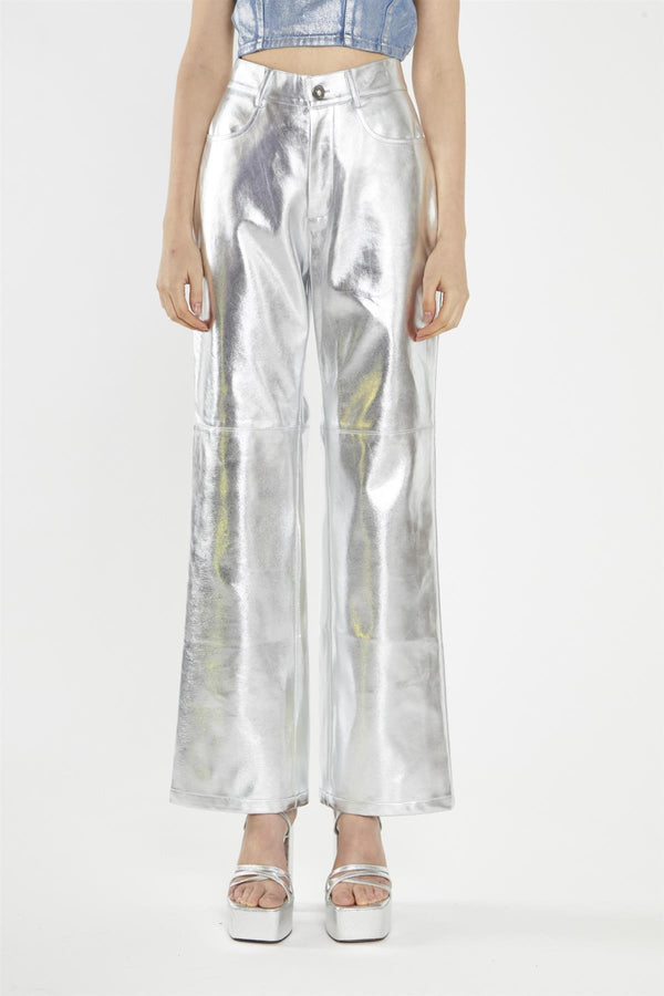 Glamorous Silver-Pu Wide-Leg Crop-Trousers