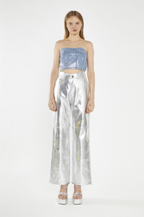 glamorous Silver-Pu Wide-Leg Crop-Trousers