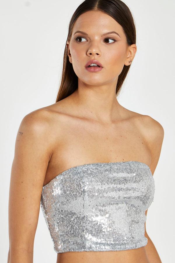glamorous Silver-Sequim Bandeau Crop-Top