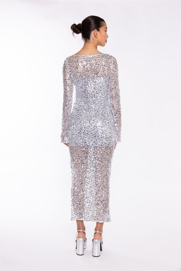 Glamorous Silver Sequin-Mesh V-neck Maxi-Dress