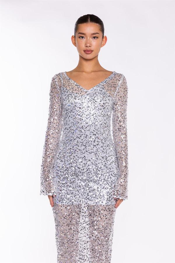 Glamorous Silver Sequin-Mesh V-neck Maxi-Dress