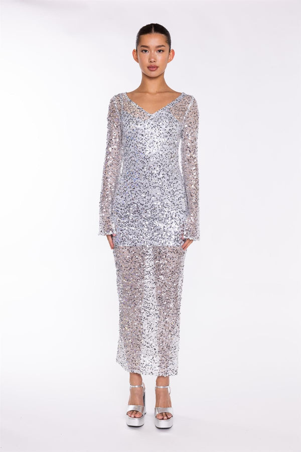 glamorous Silver Sequin-Mesh V-neck Maxi-Dress