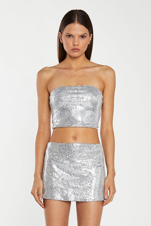 glamorous Silver-Sequin Peplum Mini-Skirt