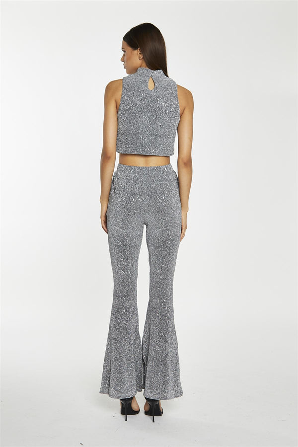 Glamorous Silver-Sequin Plisse Flared-Trousers