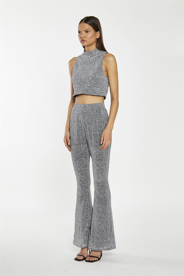 Glamorous Silver-Sequin Plisse Flared-Trousers