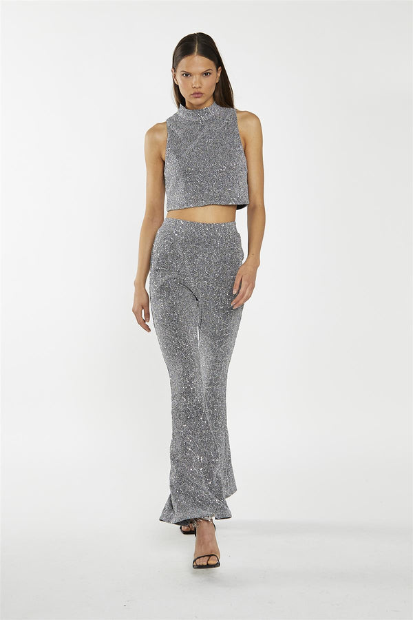 Glamorous Silver-Sequin Plisse Flared-Trousers