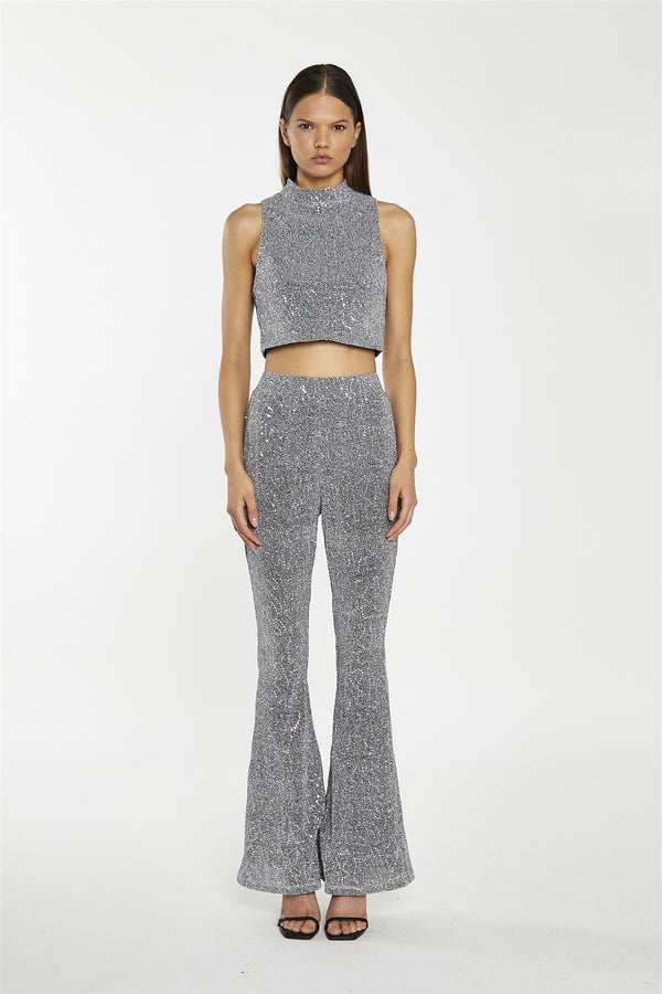 glamorous Silver-Sequin Plisse Flared-Trousers
