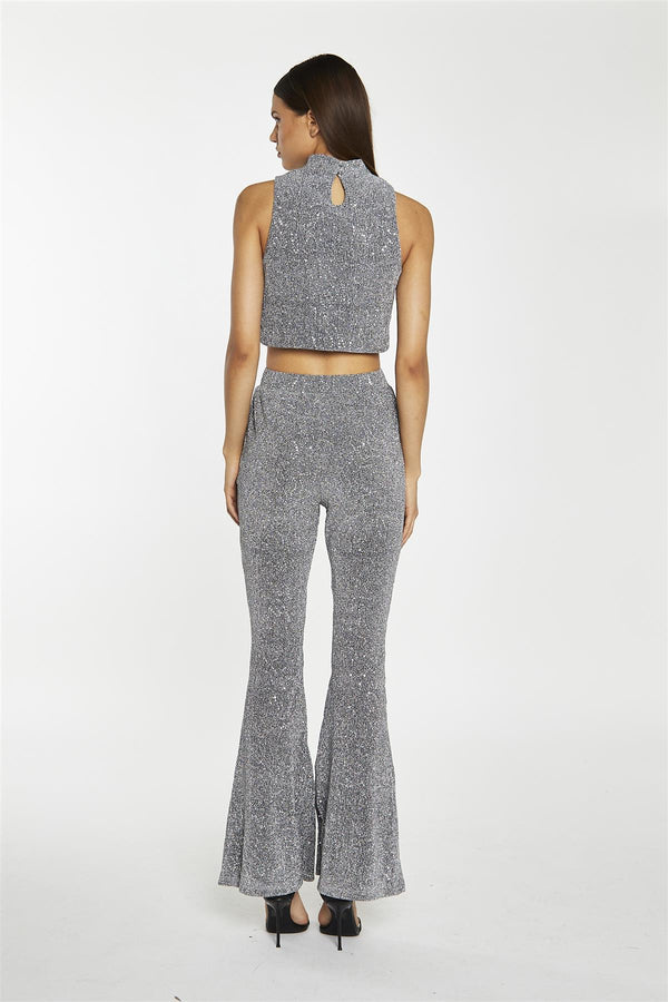 Glamorous Silver-Sequin Plisse High-Neck Crop-Top