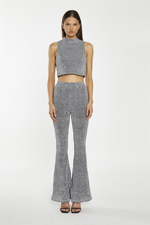 Glamorous Silver-Sequin Plisse High-Neck Crop-Top
