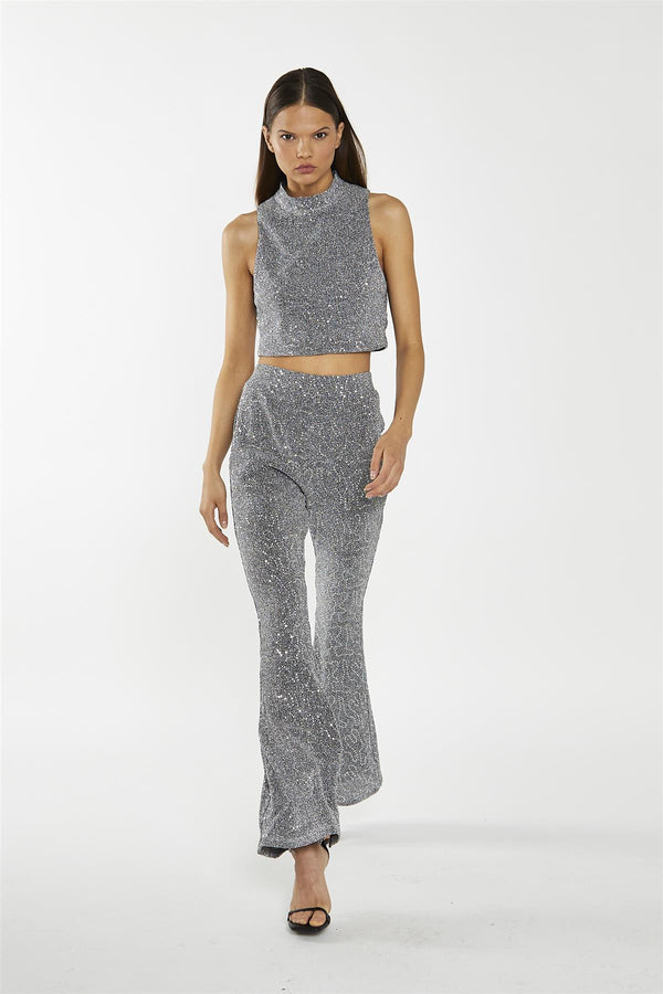 glamorous Silver-Sequin Plisse High-Neck Crop-Top