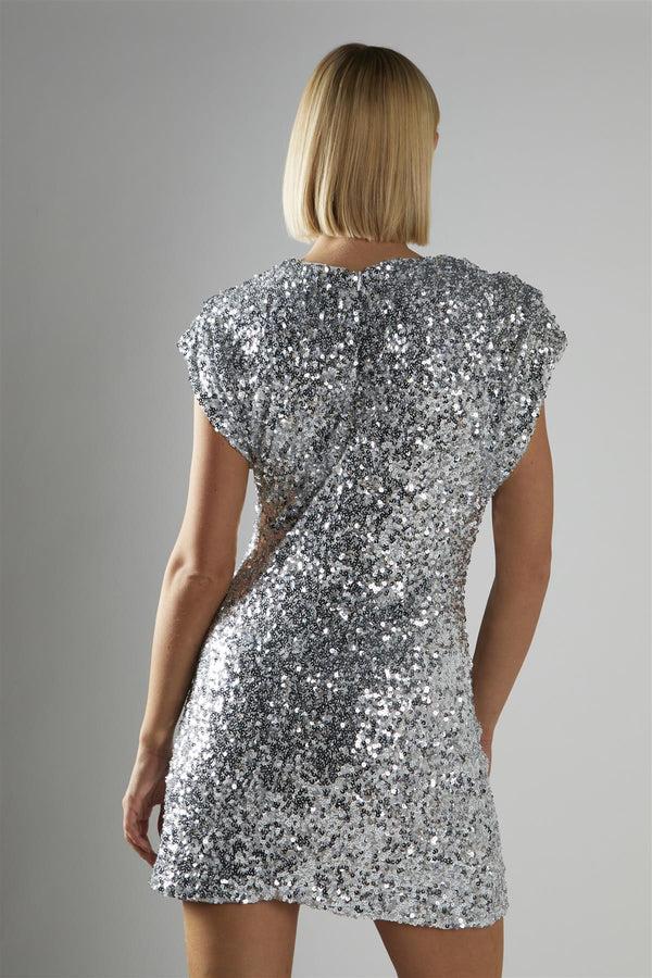 Glamorous Silver-Sequin Shoulder-Pad Mini-Dress