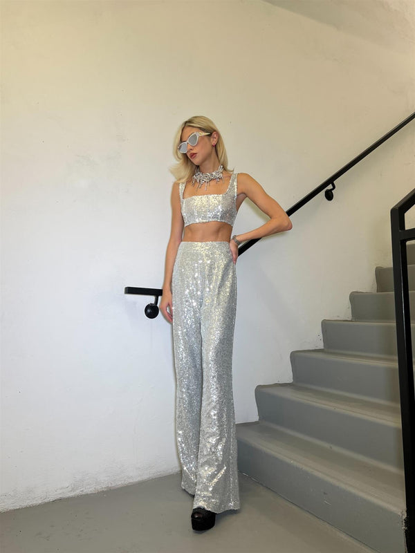 glamorous Silver-Sequin Wide-Leg Trousers