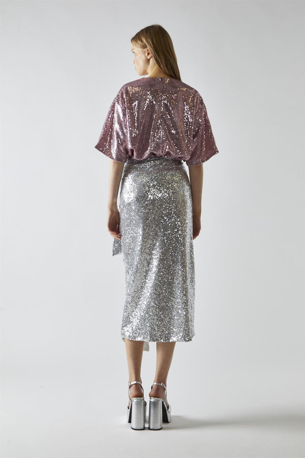 Glamorous Silver-Sequin Wrap Midi-Skirt