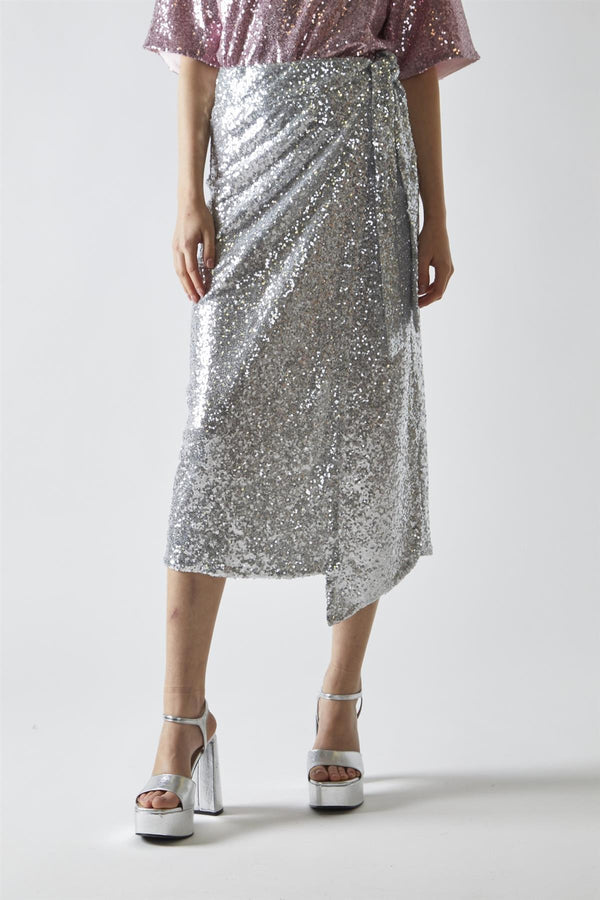 Glamorous Silver-Sequin Wrap Midi-Skirt