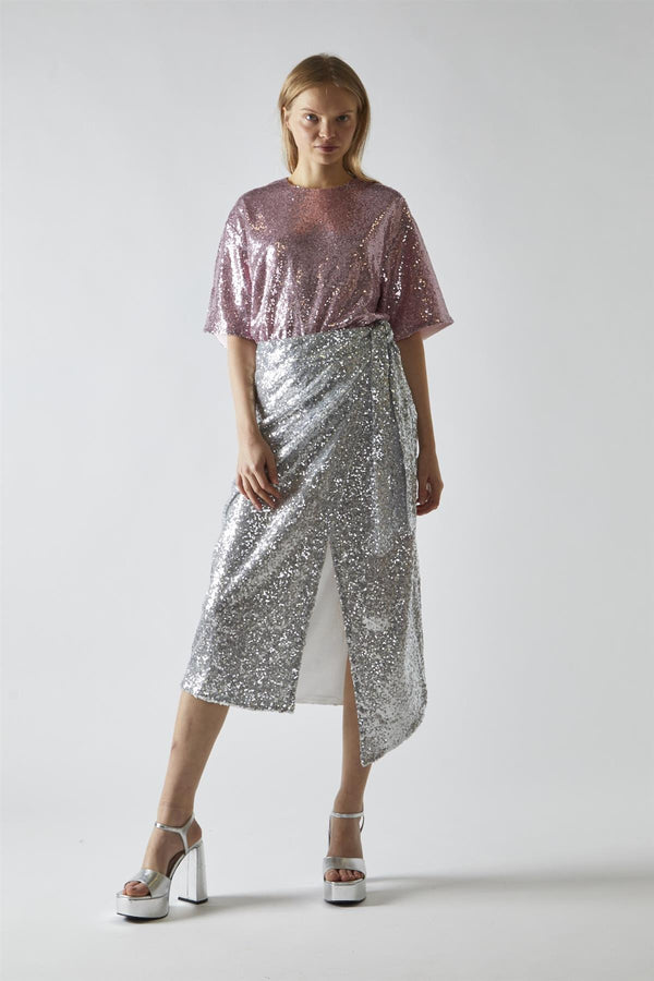 Glamorous Silver-Sequin Wrap Midi-Skirt