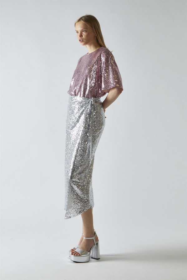 glamorous Silver-Sequin Wrap Midi-Skirt