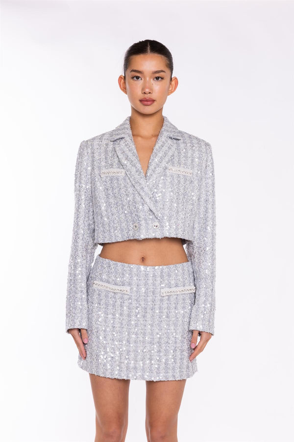 Glamorous Silver-Tweed Double-Breasted Crop-Blazer