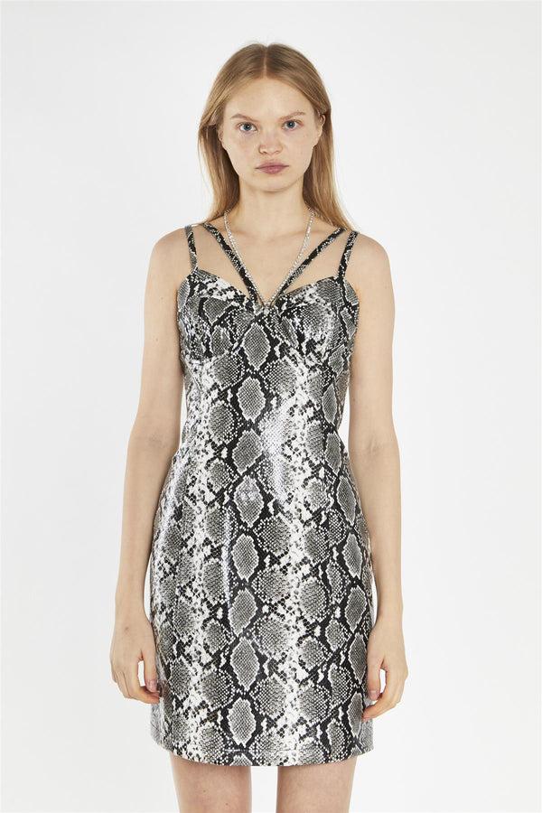 Glamorous Snake-Pu Diamante-Strap Mini-Dress