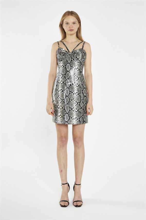 glamorous Snake-Pu Diamante-Strap Mini-Dress