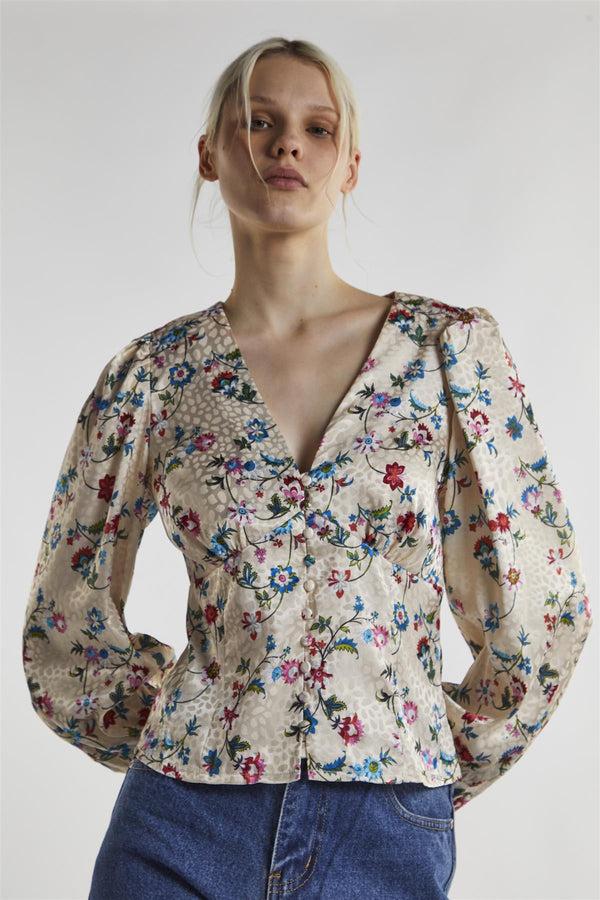 Glamorous Stone Multi Floral Long Sleeve Top