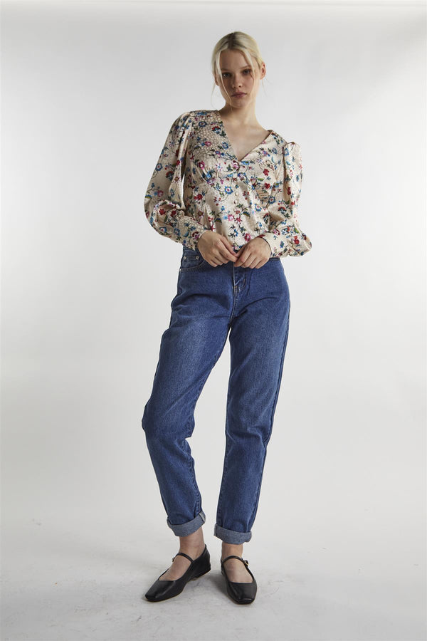glamorous Stone Multi Floral Long Sleeve Top