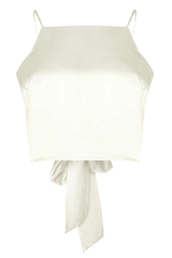 glamorous Stone-Satin Tie-Back Crop-Top
