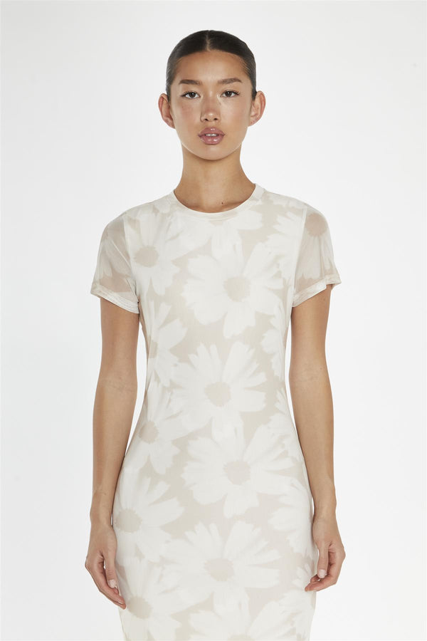 Glamorous Stone-Sunflower Mesh Bodycon Midi-Dress