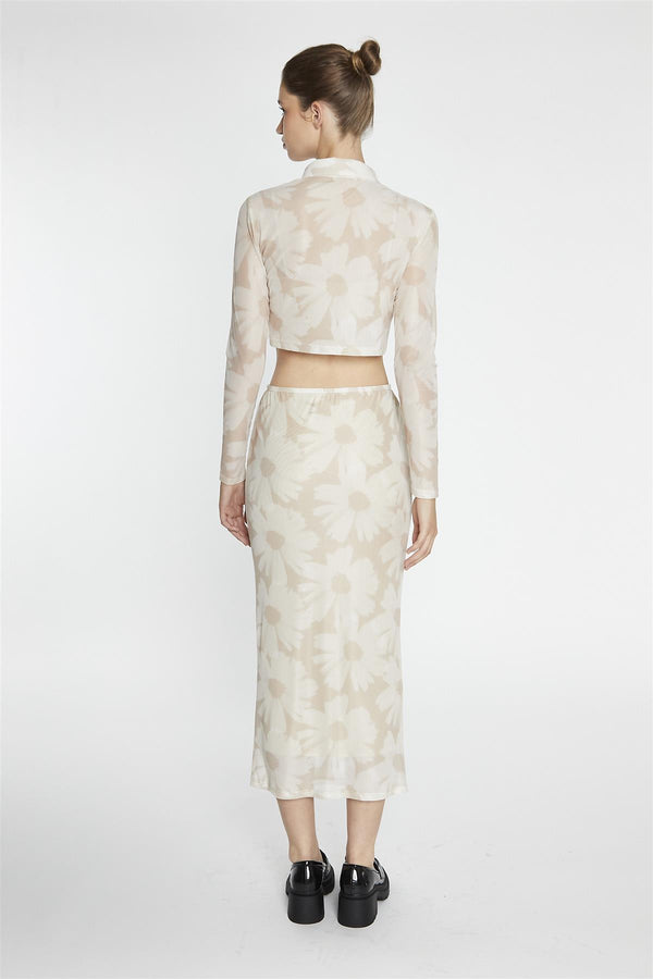 Glamorous Stone-Sunflower Mesh Shirt Crop-Top