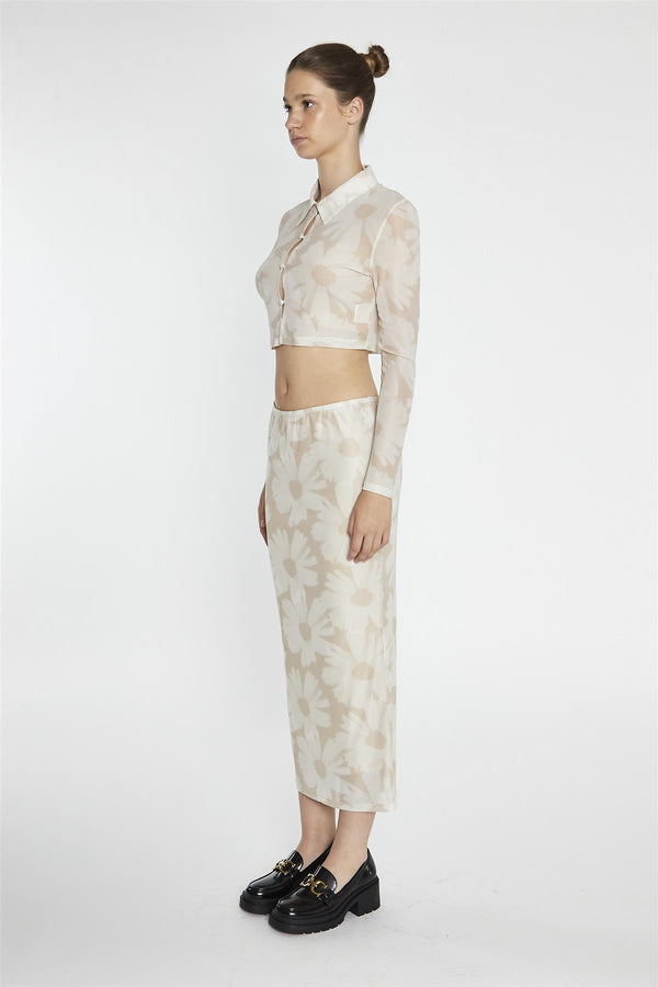 Glamorous Stone-Sunflower Mesh Shirt Crop-Top