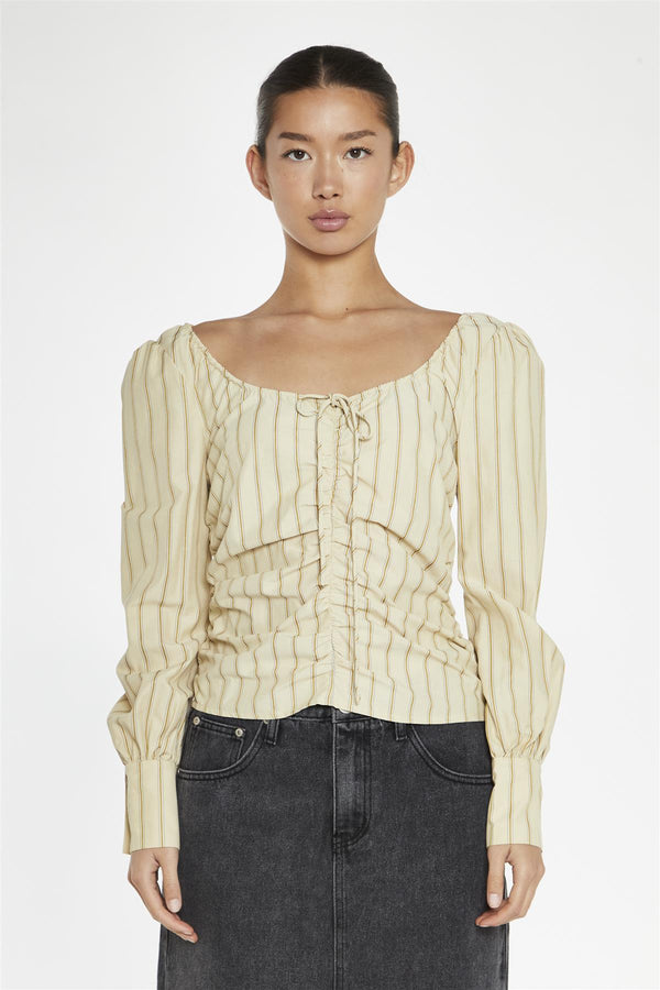 Glamorous Straw-Gold Stripe Gathered-Front Top
