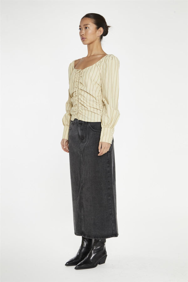 Glamorous Straw-Gold Stripe Gathered-Front Top