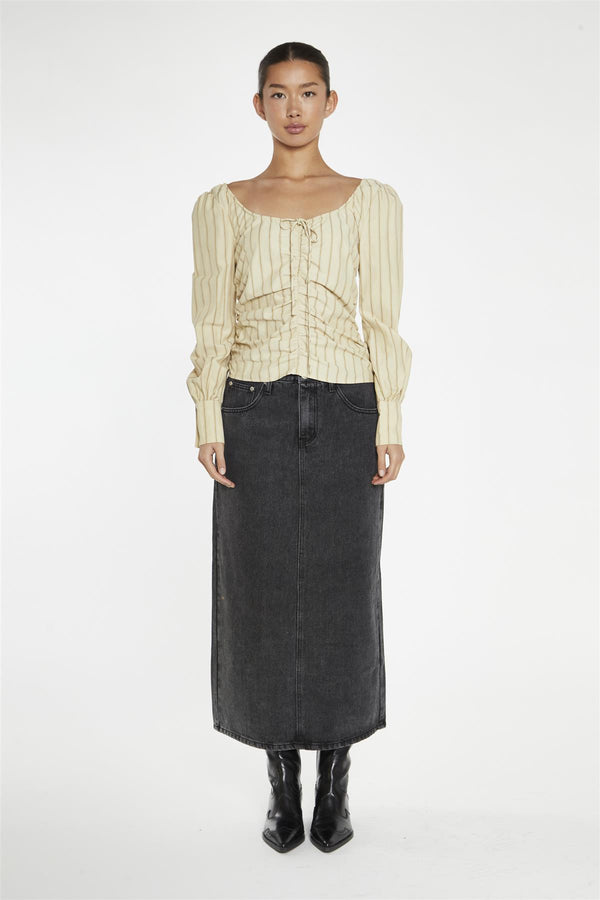 glamorous Straw-Gold Stripe Gathered-Front Top