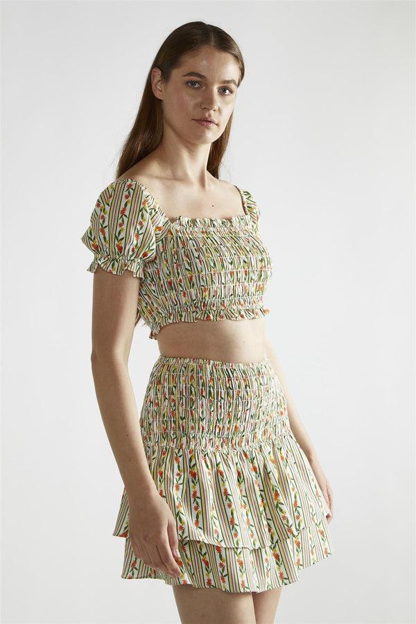 Glamorous Stripe-Ditsy Linen Scoop-Neck Crop-Top