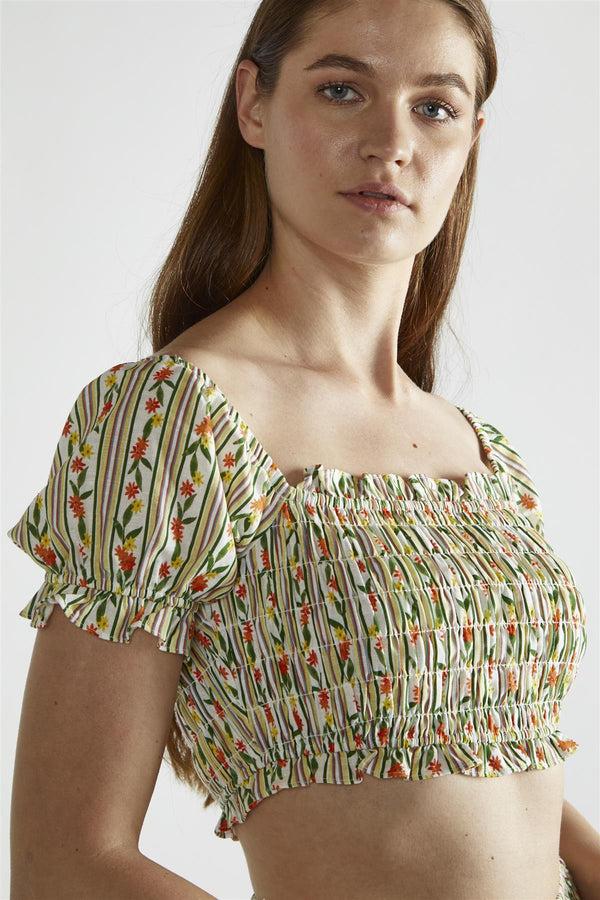 Glamorous Stripe-Ditsy Linen Scoop-Neck Crop-Top