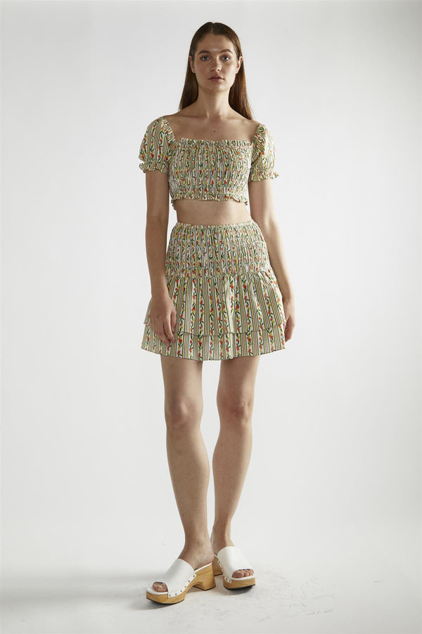 glamorous Stripe-Ditsy Linen Scoop-Neck Crop-Top