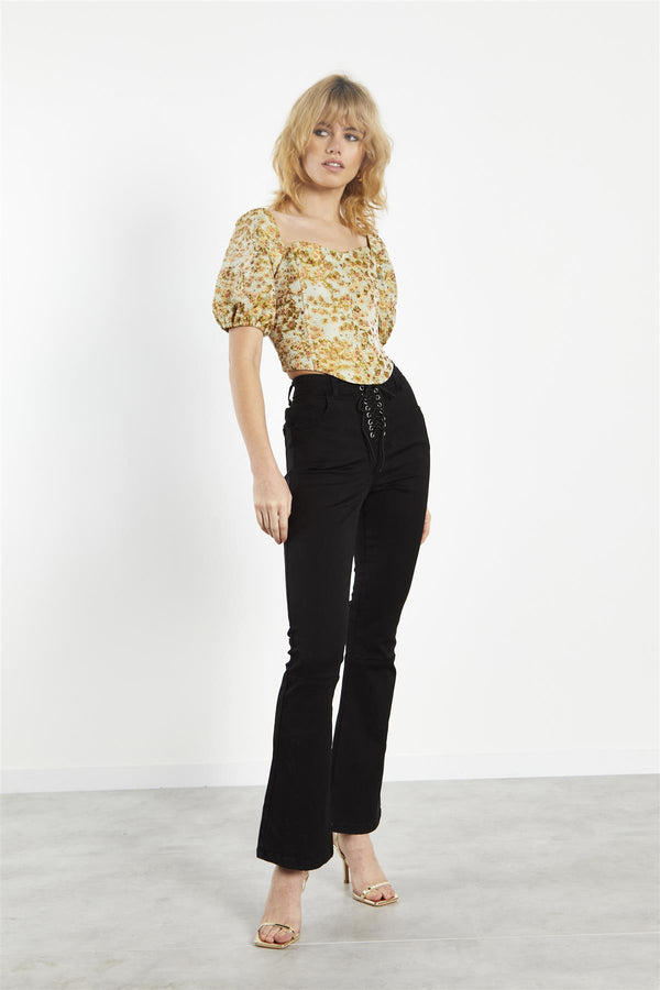 glamorous Sunflower-Brocade Square-Neck Corset-Top