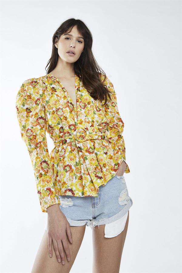 glamorous Sunflower Floral Belted Top