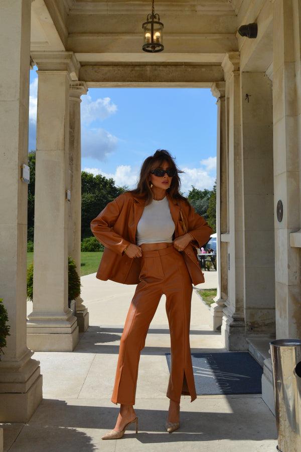 glamorous Tan PU Flared Trousers