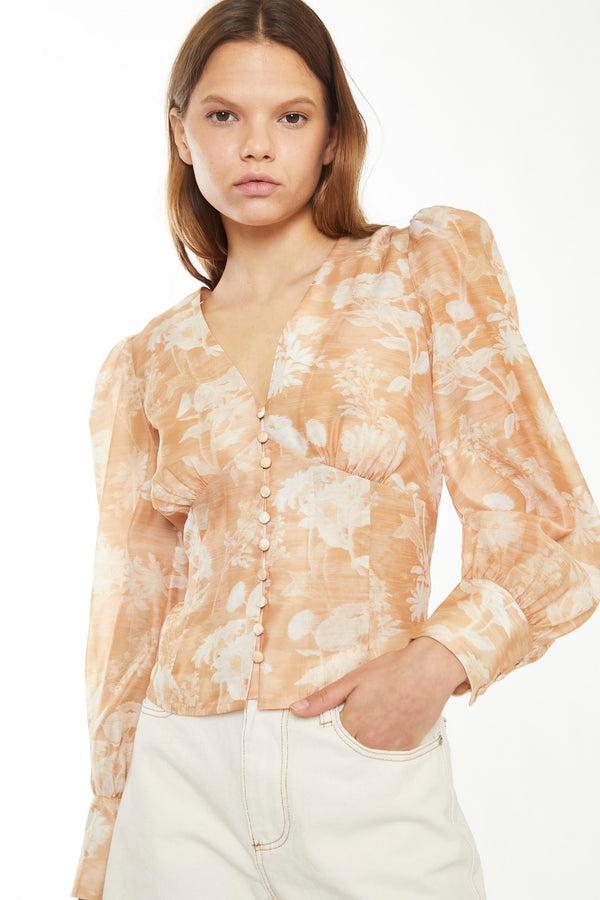 Glamorous Tan White Floral Button-Front Blouse