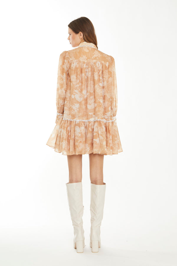 Glamorous Tan White Floral Mini Shirt-Dress