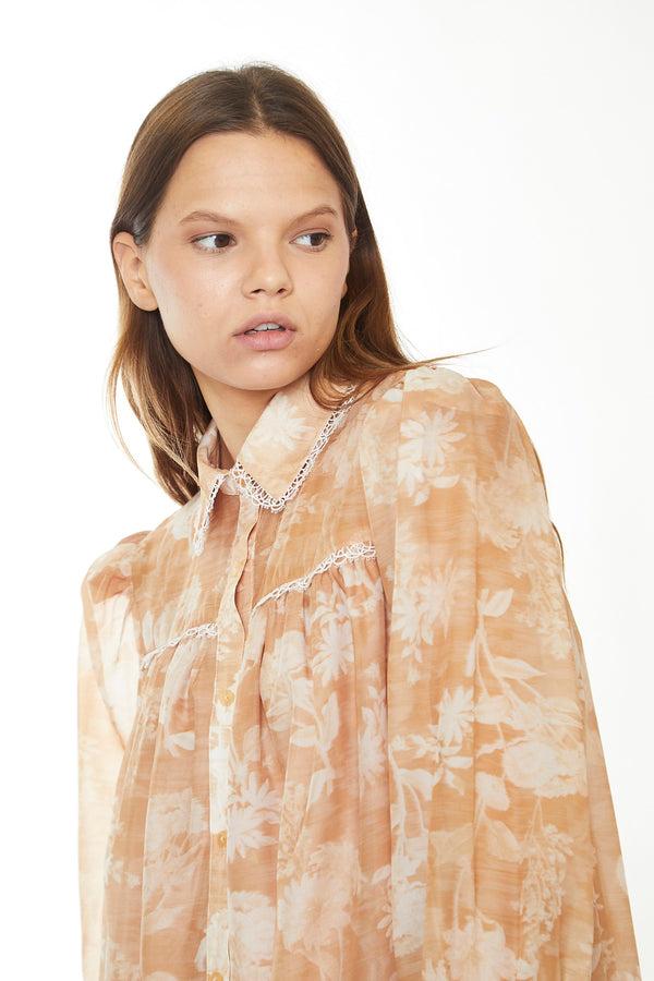 Glamorous Tan White Floral Mini Shirt-Dress